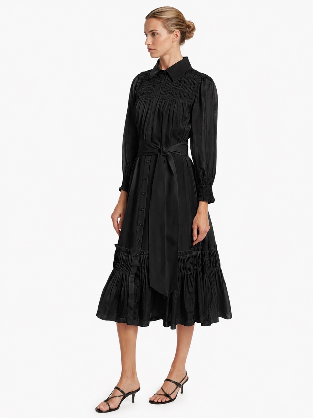 Black Long-Sleeve Midi Shirt Dress with Tie Waist